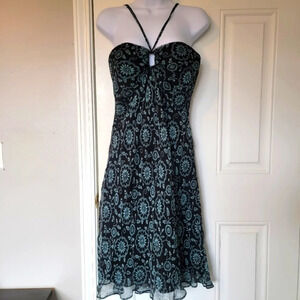 Luciano Dante 100% Silk Halter Keyhole Dress Black Aqua Floral Lined Dress 6